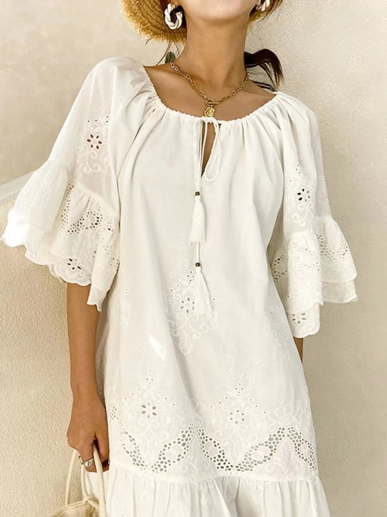 Mini Dress White Crochet Eyelet Embroidered Tassel Tie Neck Short Sleeve f73d8f8575c94836abe15a9c3dd7e4fc-Max-Origin Trendsi