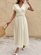 Surplice Short Sleeve Midi Dress with Twisted Detail, 95% Cotton, 5% Spandex, No Stretch, Unlined Body