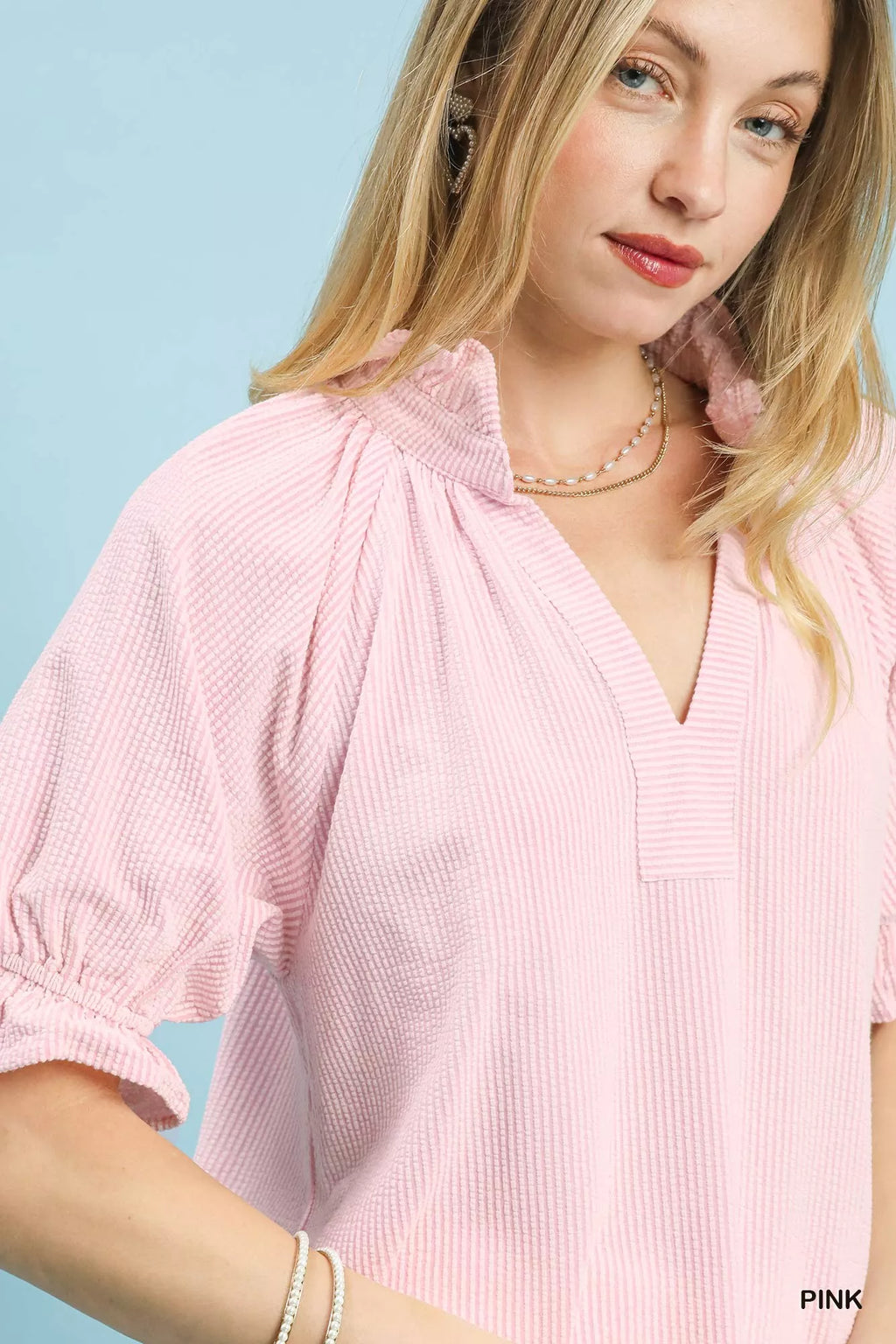 Umgee Blouse Textured Pink Ruffle Sleeve V-Neck Short Sleeve Top f7470710-5489-4ce0-b68d-d8d5bc2b6c2d-Max-Origin Trendsi