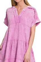 Zenana Dress Mauve Washed Double Gauze Raw Edge V-neck Short Sleeve f74e1d90-54bf-48f0-8ece-be3d59726b3f-Max-Origin Trendsi