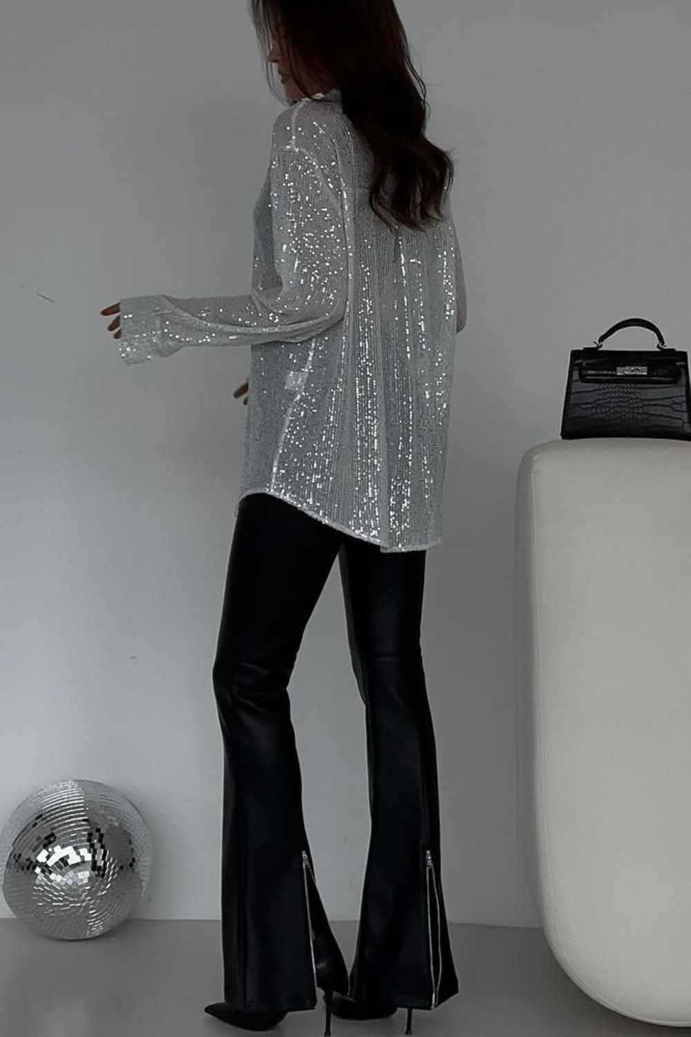 Women's Sequin Shirt Button Up Long Sleeve Sheer Fashionable Blouse f75092fc-5772-454b-ab50-eb011ae5265f-Max Trendsi