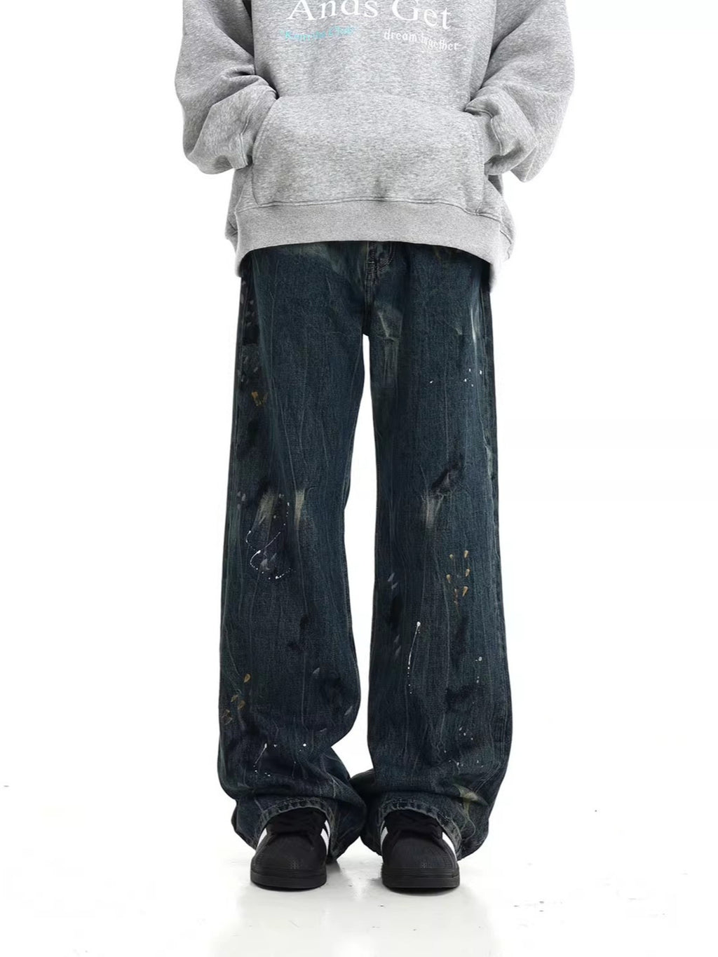 Men's Full-Length Wide Leg Jeans with Paint Splatter Design in Plus Sizes