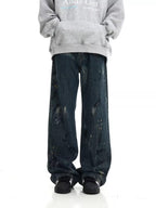 Men's Full-Length Wide Leg Jeans with Paint Splatter Design in Plus Sizes