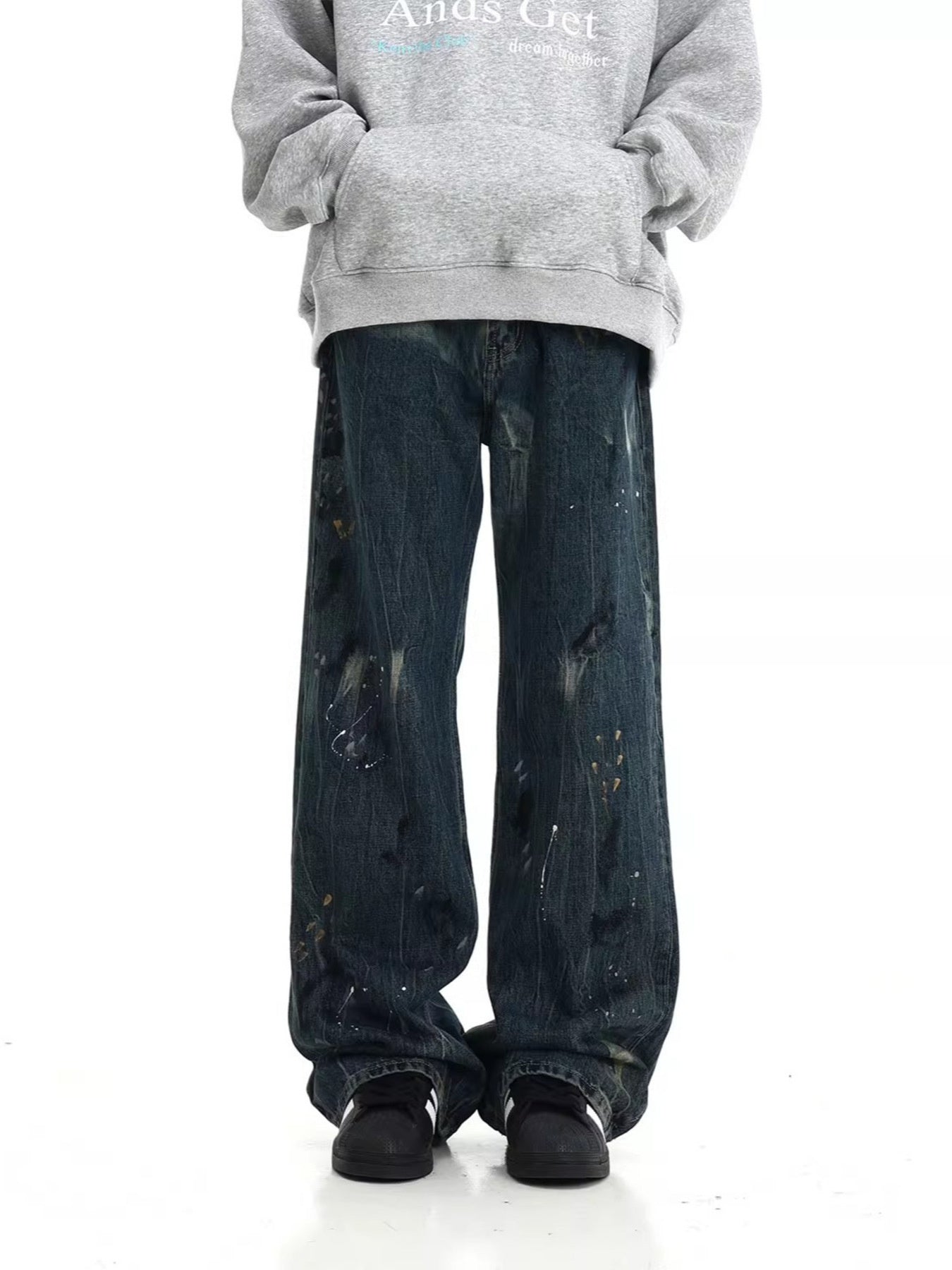 Men's Full-Length Wide Leg Jeans with Paint Splatter Design in Plus Sizes