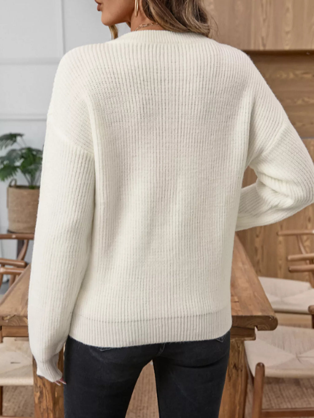 Women's Sweater Beige Button Detail Long Sleeve Knit Pullover f752b48b18e249c9944073a5e092025d-Max-Origin Trendsi