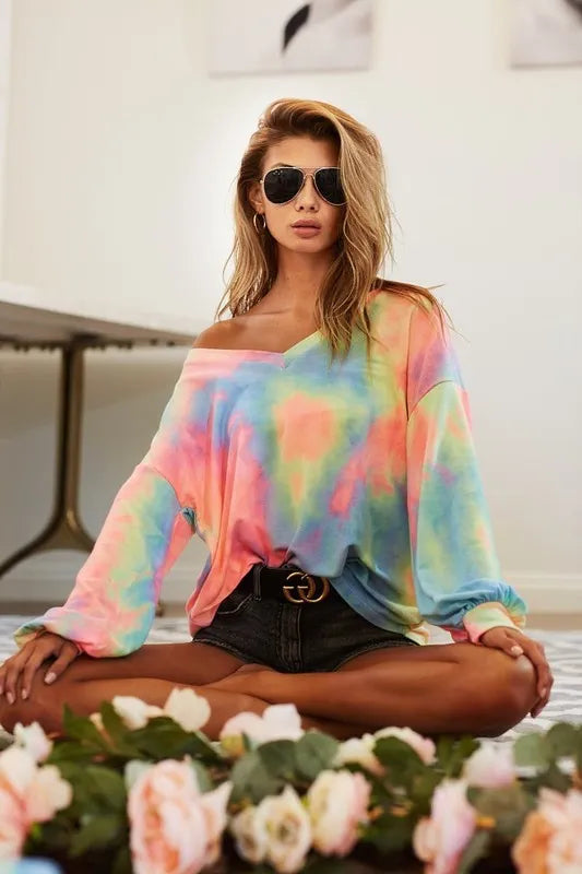 BiBi Tie Dye French Terry V Neck Top