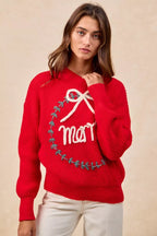 BiBi Christmas Womens Pullover Red Wreath Merry Letter Knit Top f757f3059df3494886bb4a2360820319-Max-Origin Trendsi