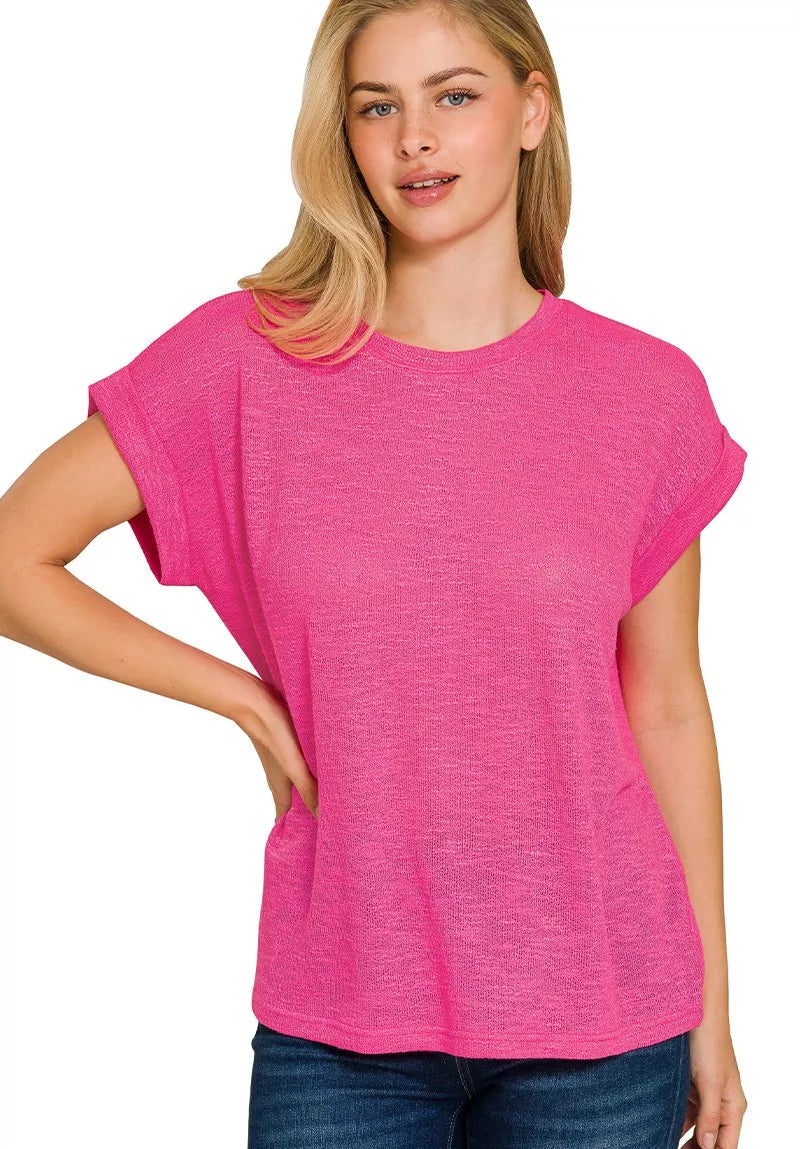 Zenana T-shirt Fuchsia Pink Hacci Slub Rolled Up Short Sleeve Top Tee FUCHSIA f758782302f546d389d3edb7d9df3694-Max-Origin Trendsi