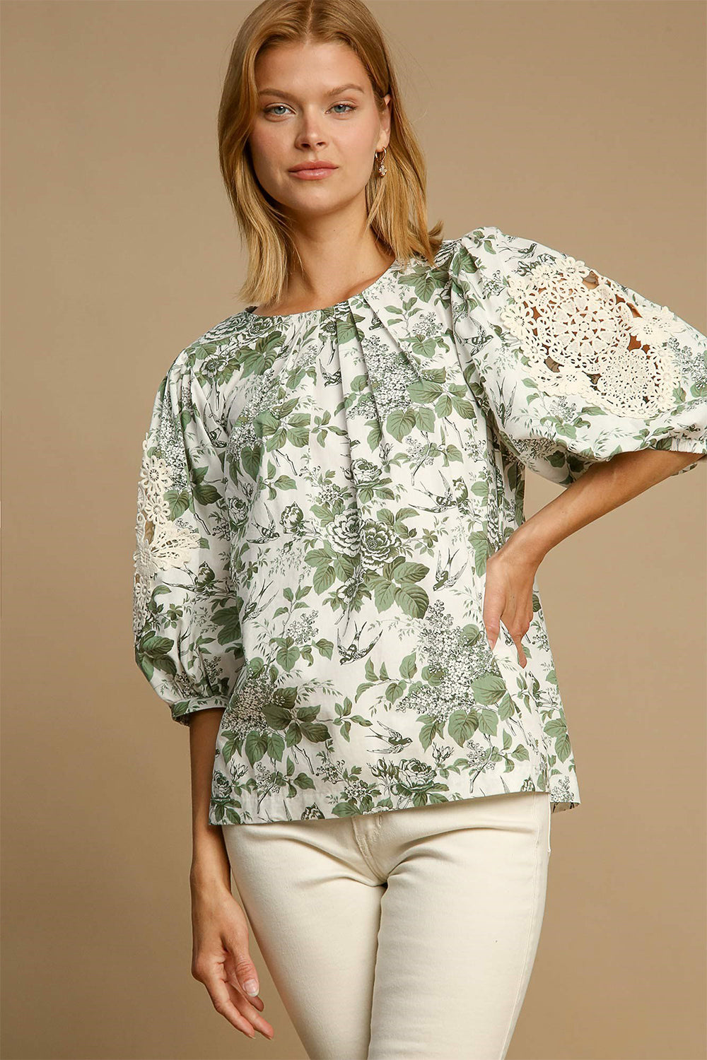 Umgee Floral Blouse Green Mix Pleated Detail Lace Trim 3/4 Sleeve Sage f75dba29-6ba7-4cd0-b6b3-91e49afa903c-Max Trendsi