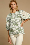 Umgee Floral Blouse Green Mix Pleated Detail Lace Trim 3/4 Sleeve Sage f75dba29-6ba7-4cd0-b6b3-91e49afa903c-Max Trendsi