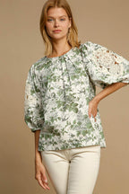 Umgee Floral Blouse Green Mix Pleated Detail Lace Trim 3/4 Sleeve Sage f75dba29-6ba7-4cd0-b6b3-91e49afa903c-Max Trendsi