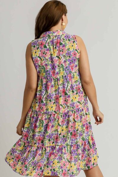 Umgee Floral Tiered Dress V Neck Sleeveless High-Low Hem Ruffle Violet f7626c05-06f7-4866-ba7e-f43eadd195d6-Min Trendsi