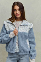 SO ME Women Jacket Faux Fur Sherpa Blue Pull with Floral Ruffle Contrast Zipper f764b58ab51d4fbbb445c6995eecfb1c-Max-Origin Trendsi