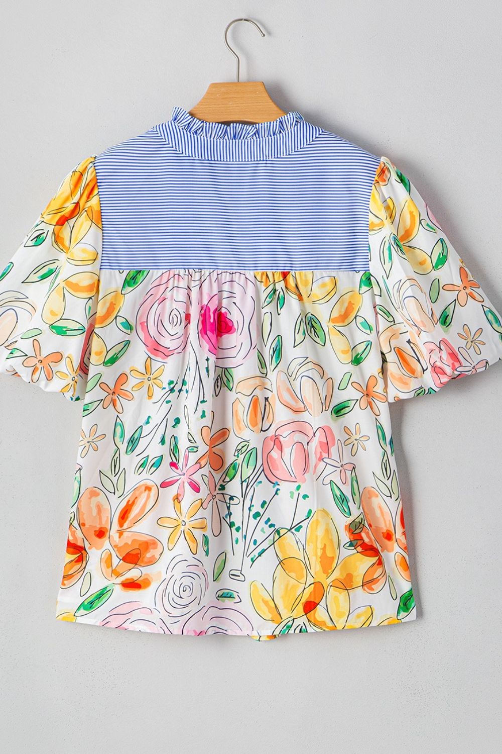 Floral Blouse Striped Yoke Frilled Tie Neck Short Puff Sleeve Top f765904f-5a79-4005-a344-f35ea6304b9a-Max Trendsi