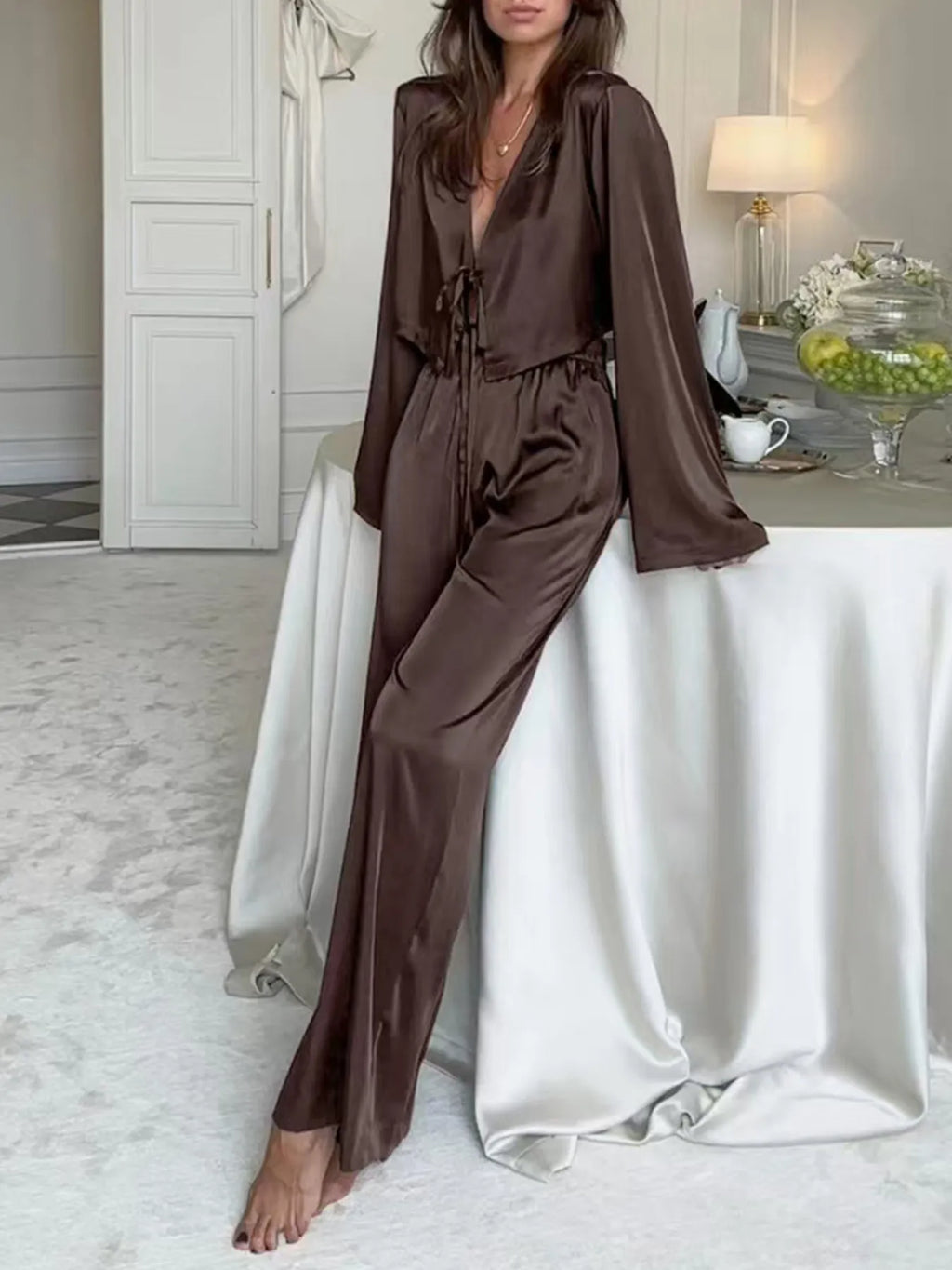 Women's Outfit Set Tie-Front Crop Top and Pants Coffee Brown f765ed31fb124a288017422839a74618-Max-Origin Trendsi