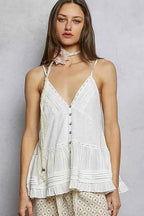 POL Cami Top Button Front V-Neck Ruffled with Pintuck Accents Off White