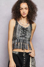 POL Lace-Up Tank Top with Fringe Hem and Lace Detailing