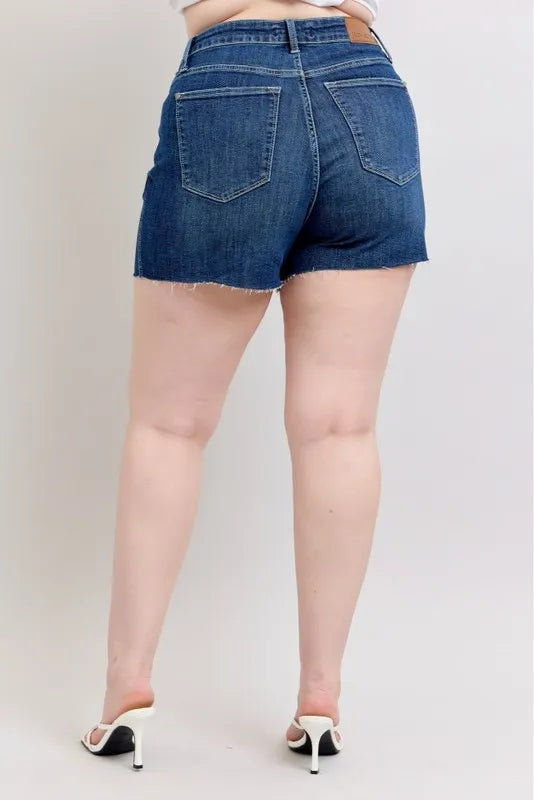 Judy Blue Denim Shorts Plus Size High Waist Criss-Cross Waistband Dark Blue f787de6335054554a3956b1711e9e9d5-Max-Origin Trendsi