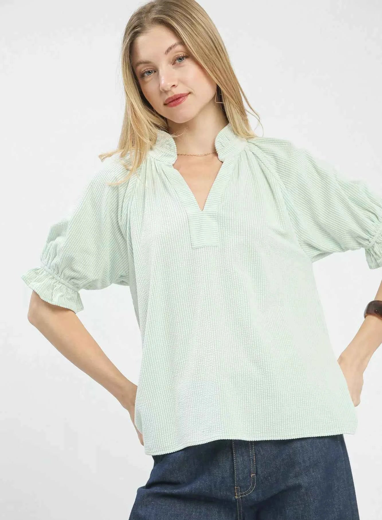 Umgee Blouse Textured Light Green Ruffle Short Sleeve V-Neck Top GREEN f797f94a-b458-4a60-8347-dffd00b90932-Max-Origin Trendsi
