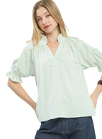 Umgee Blouse Textured Light Green Ruffle Short Sleeve V-Neck Top GREEN f797f94a-b458-4a60-8347-dffd00b90932-Max-Origin Trendsi