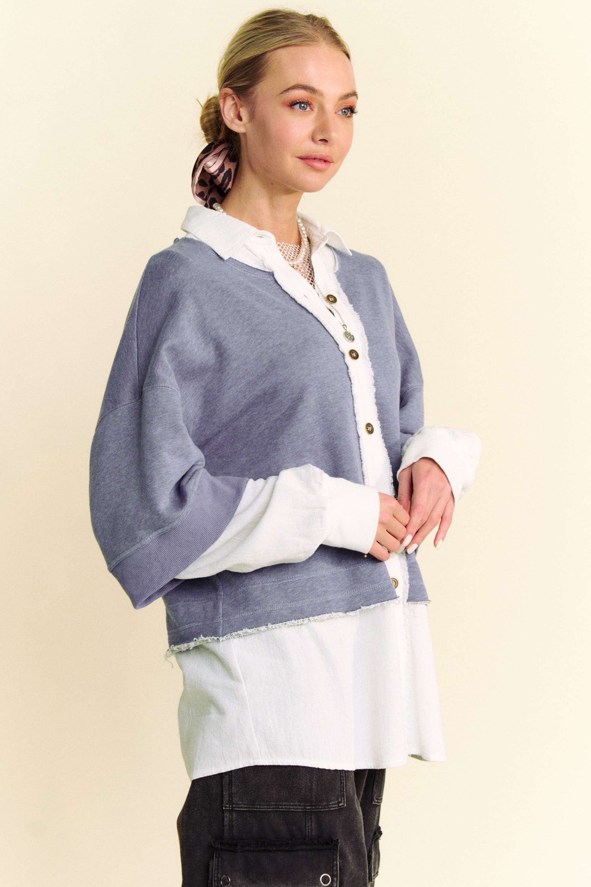 Davi & Dani USA Shirt Faux Layered Blue French Terry Contrast Ribbed Knit Top f7a27fe1-a543-40e9-bc9d-b57747a8f047-Max Trendsi