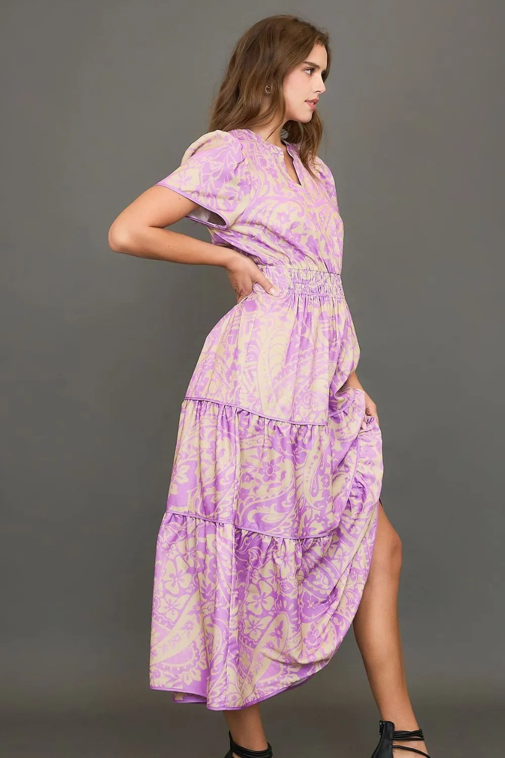Umgee Midi Dress Purple Printed Notched Short Sleeve Tiered f7a90802-a874-48aa-9129-b7d775e130e1-Max-Origin Trendsi