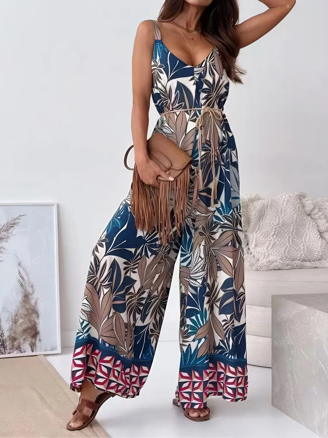 Floral Jumpsuit V-Neck Wide Leg Strappy Blue Mix Printed One Piece f7ae63e3-cb85-4d9e-9ce5-0341c86becad-Max-Origin Trendsi