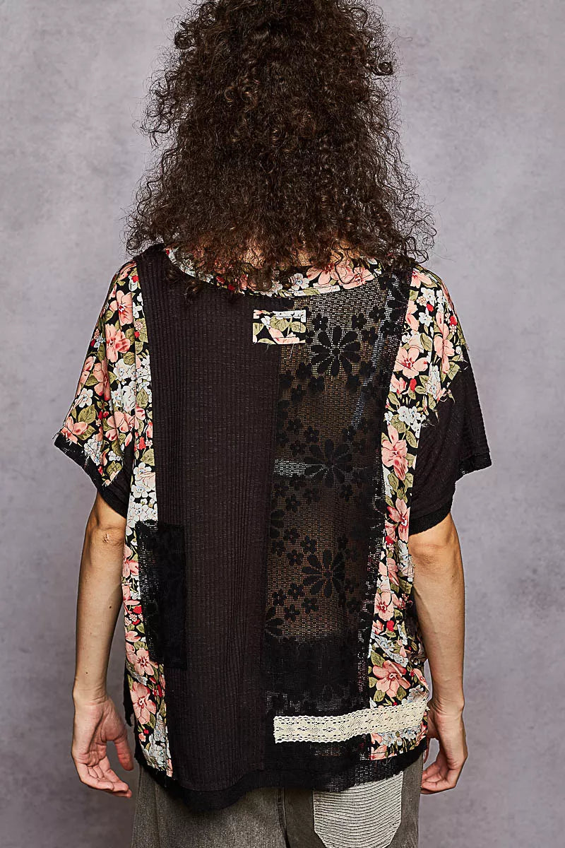 POL Womens T-shirt Black Floral Lace Short Sleeve Top with Patch Detail f7b05b6f-8dbc-44aa-8e13-dfad5338818f-Max-Origin Trendsi