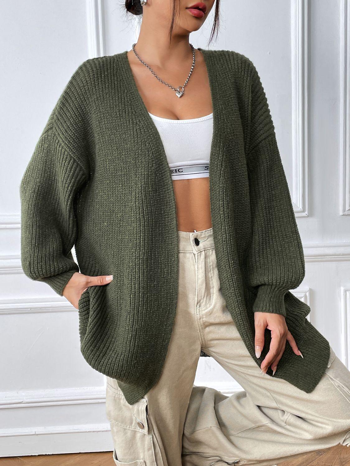 Army Green Cardigan Open Front Long Sleeve Knitwear f7b5f741-98ff-4069-a046-151006a8635e-Max Trendsi