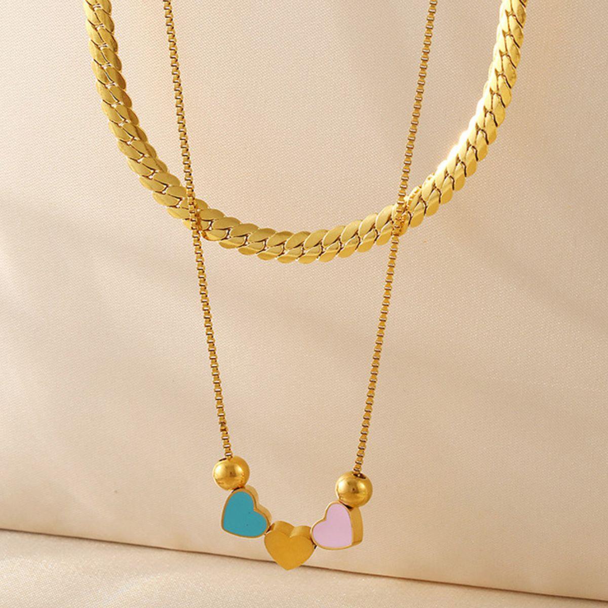 18K Gold-Plated Heart Necklace Chain Double Layered Drip Oil