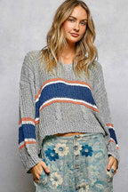 POL Sweater V-Neck Striped Pattern Cropped Knit Top with Cable Knit Detail f7c9bdbf-4a61-470e-a345-8892be69d5b1-Max-Origin Trendsi