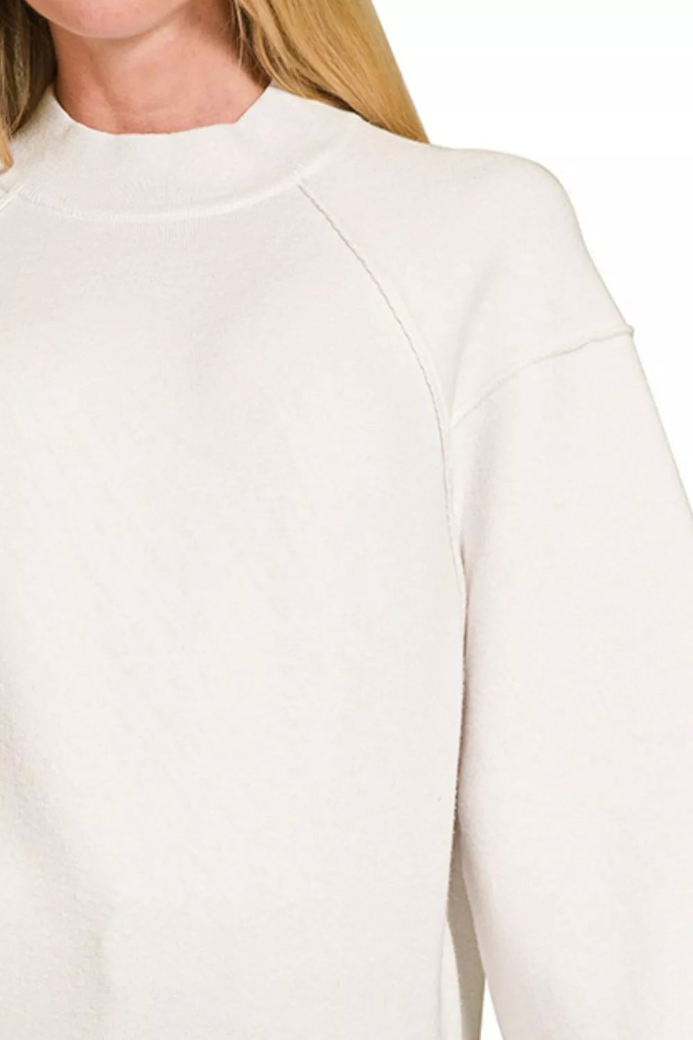 Zenana Womens Sweater Viscose Off White Mock Neck Exposed Seam Pullover