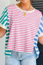 Women's T-Shirt Striped Color Block Batwing Short Sleeve Exposed seam Top f7d42591-4518-471c-949c-74a6134967a4-Max-Origin Trendsi