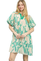 Umgee Abstract Print Puff Sleeve Shift Dress