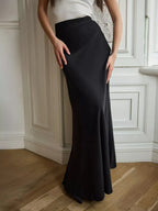 Satin Maxi Skirt High-Waisted Back Zip Black White Solid Basic Style f7ddb4b562a44d519c2d30175391d05a-Max-Origin Trendsi