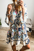 Floral Mini Dress Notched Buttoned Three-Quarter Sleeve Ruffle Short Beige f7e18c6e-a889-4e86-8204-43961016eb63-Max Trendsi