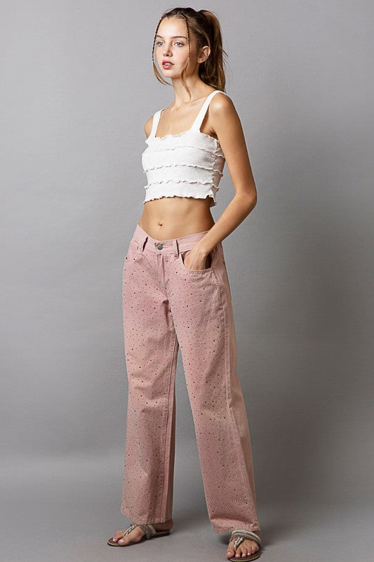 POL Wide Leg Pants Dusty Pink Rhinestone Embellishments Gradient 100% Cotton