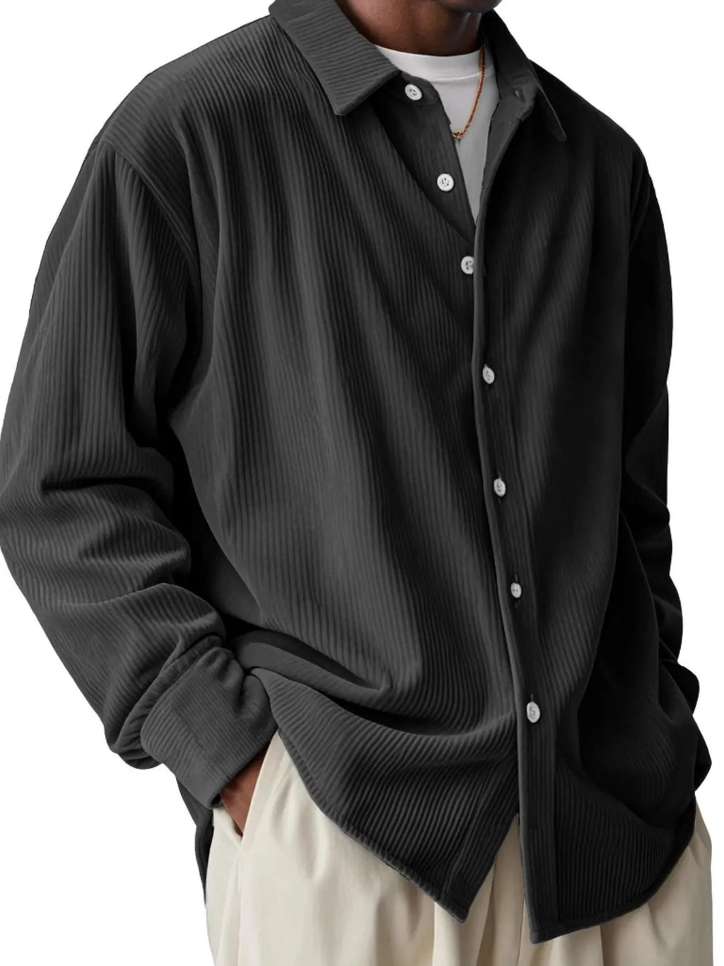 Men's Corduroy Shirt Textured Buttoned Long Sleeve Ribbed Oversized Top S-4XL Black f7f769d9-fa7f-40ab-a3c3-d1b2853c5950-Max-Origin Trendsi