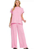 Zenana Outfit Set Pink Raised Rib Short Sleeve Top Tee & Pants PINK f7f999ac23414cdbbf882f9d9135caa2-Max-Origin Trendsi