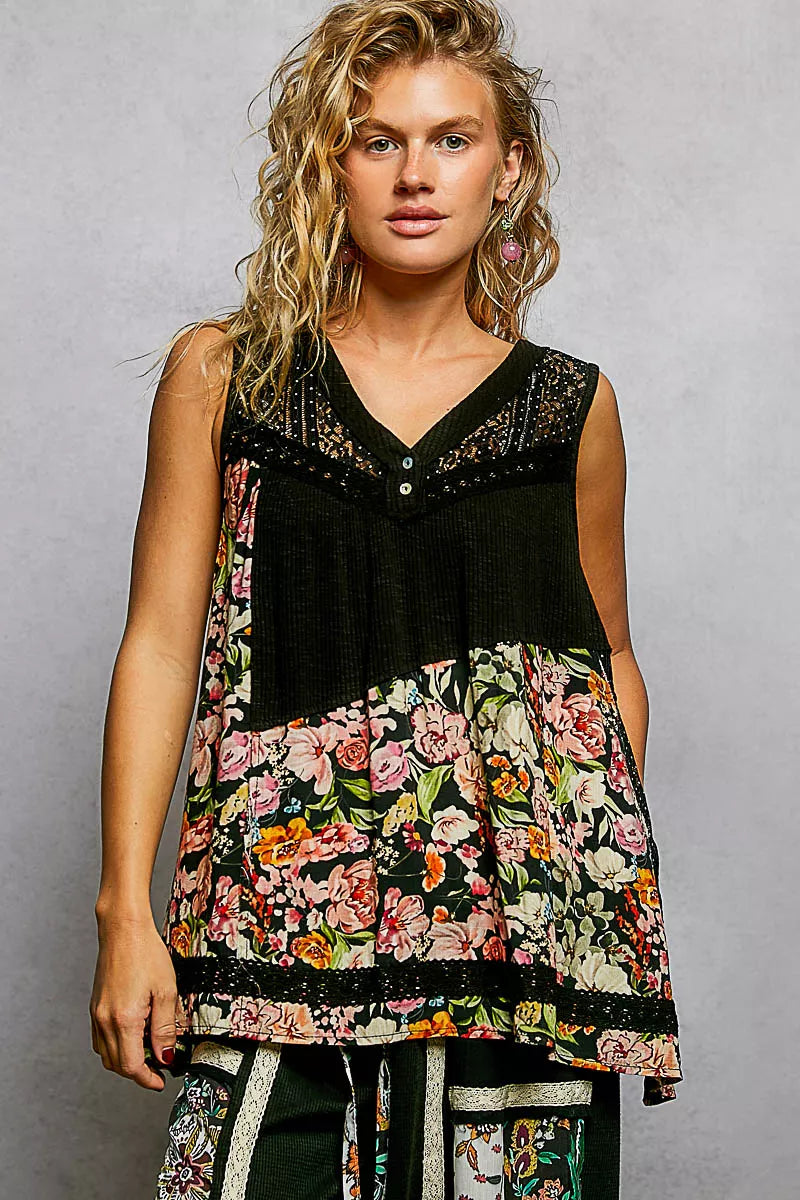 POL Tank Top Black Floral V-Neck Lace Detail Ruffle Sleeveless Blouse Black f8077859-31a6-419f-8bfa-54d45dc54277-Max-Origin Trendsi