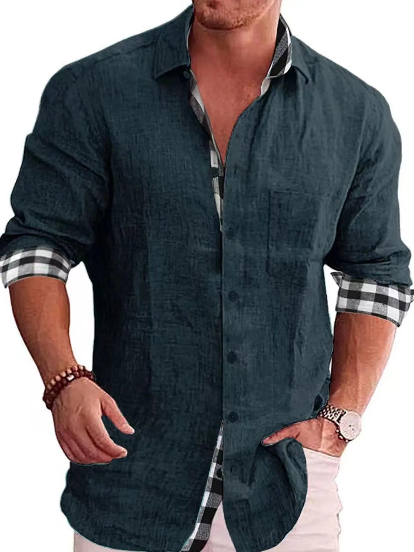 Men's Shirts Casual Cotton Blend Plaid-Trim Long Sleeve Lightweight Tops Black Forest f810def0-da0d-47e8-a8bf-cc8e134ff81b-Max-Origin Trendsi