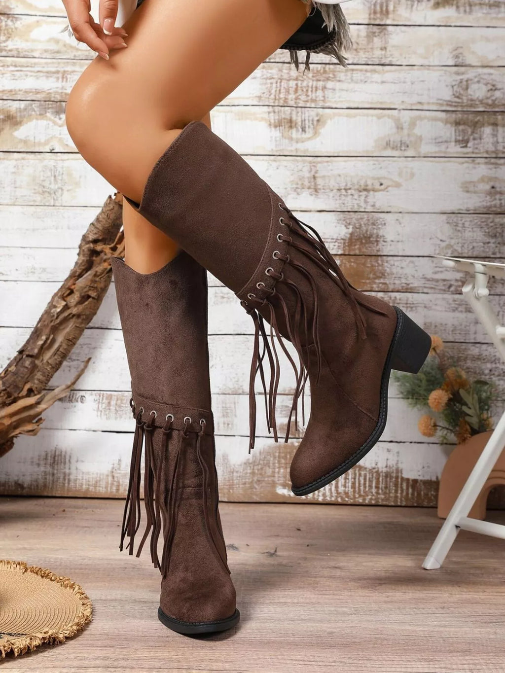 Women's Boots Suede Tasseled Fringe Point Toe Block High Heels Shoes Brown f817cee6-983a-48dc-a2b3-a1e79c6fb5b0-Max-Origin Trendsi