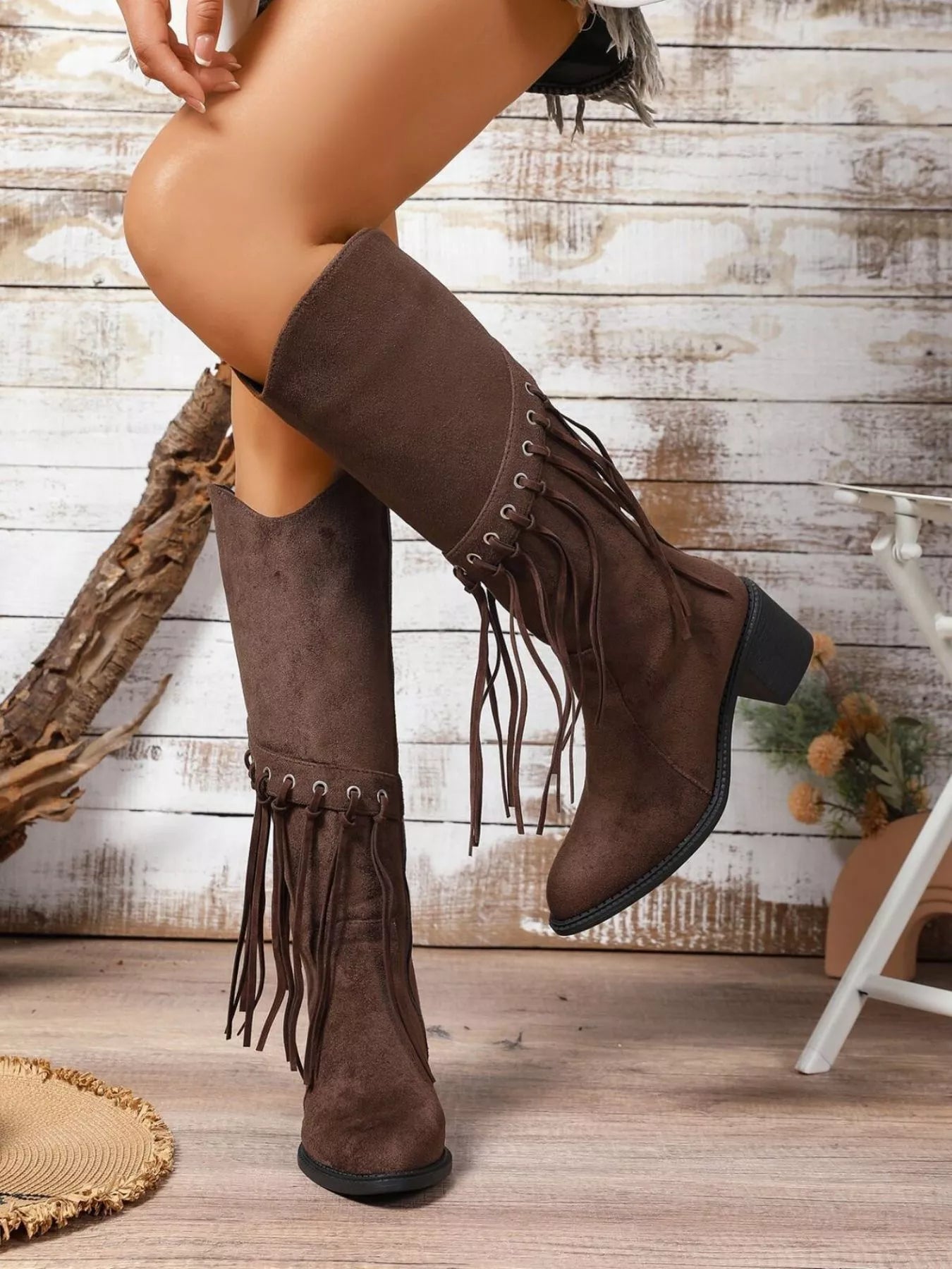 Women's Boots Suede Tasseled Fringe Point Toe Block High Heels Shoes Brown f817cee6-983a-48dc-a2b3-a1e79c6fb5b0-Max-Origin Trendsi