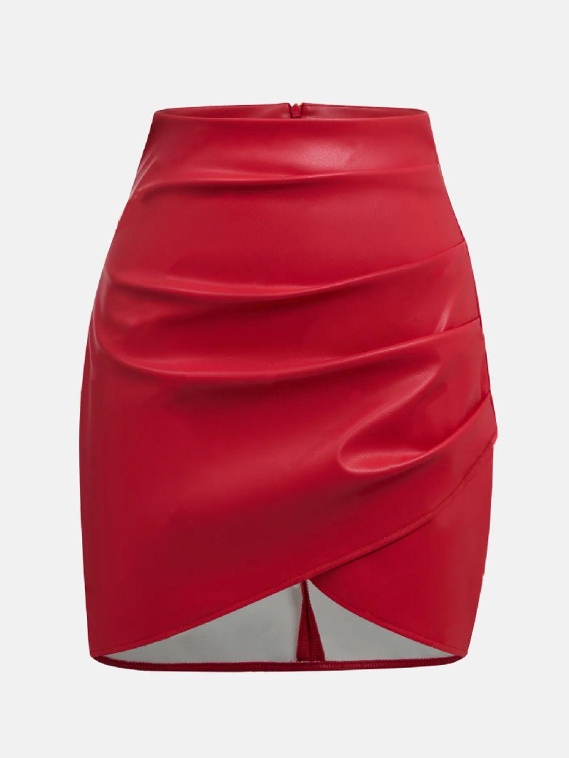 Leather Mini Skirt Ruched Asymmetrical Hem Back Zipper f81c2170-f59b-4e9e-b2a7-b915ca7c990a-Max Trendsi