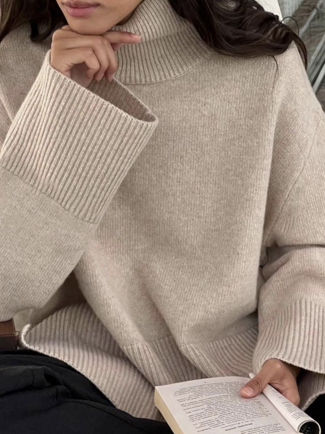 Women Sweater Side Slit Turtleneck Drop Shoulder Long Sleeve Soft Pullover Khaki One Size f81f6a9d-413e-4ca7-b4b3-3a3e141bdb2e-Max Trendsi