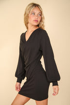 VERY J Mini Dress Black Ruched V Neck Dropped Bodycon Long Sleeve f8206b99-064d-4355-8f47-c7af5820478e-Max Trendsi