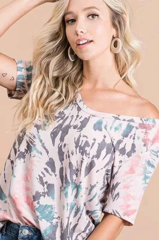 BiBi Women T-shirt Tie Dye Print Terry Deep U Neck Top Short Sleeve Top f826abb32b5c4fbe9055decdf4fde095-Max-Origin Trendsi