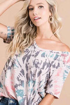 BiBi Women T-shirt Tie Dye Print Terry Deep U Neck Top Short Sleeve Top f826abb32b5c4fbe9055decdf4fde095-Max-Origin Trendsi