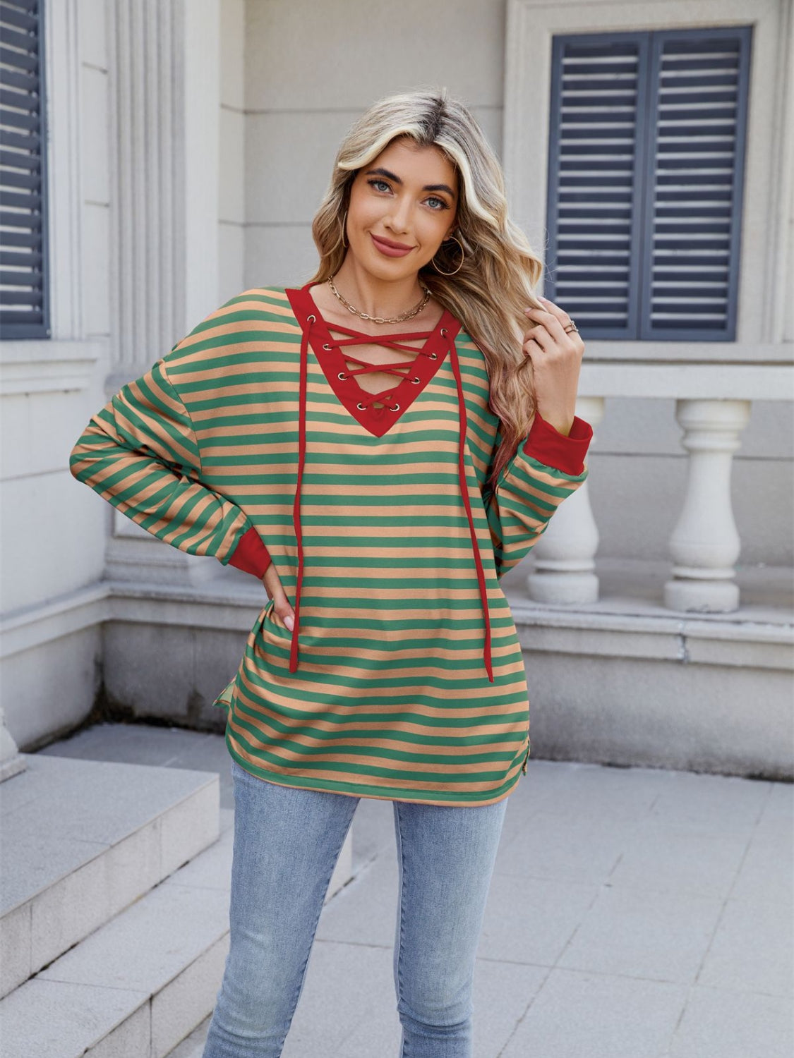Striped T-Shirt Lace-Up Crisscross V Neck Long Sleeve Blouse Top Tan f82ce756-c332-4031-985c-6c9263caa466-Max Trendsi