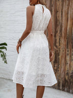 Midi Dress White Chrochet Lace Eyelet Grecian Neck Belted Tie Waist f83123fa-aeed-4d1e-aa52-ea20872e12f2-Max Trendsi